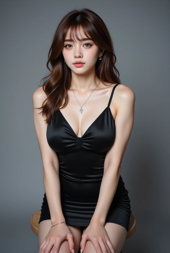 A slender woman, red glossy lips,(Extremely detailed beautiful face)), (best quality), (Super detailed), (Extremely detailed CG unified 8k wallpaper),original photo, (standing), (Pure clear background:1.5),(cleavage),(average light source),black shorts,(chestnut beige hair),(studio Light),(非常average light source),(Frontal fill light),(Frontal light source),Petite and delicate figure,(OFFICE GIRL)