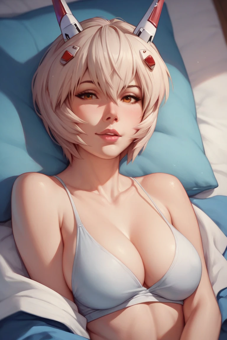 1girl,a beautiful fashion model ,(masterpiece, detailed background, best quality),short and shiny hair, white hair with highlights,smirk,juicy lips,red lips, calmart, lingerie, stripping, elegant makeup, blue eyes,  pose, flirty,