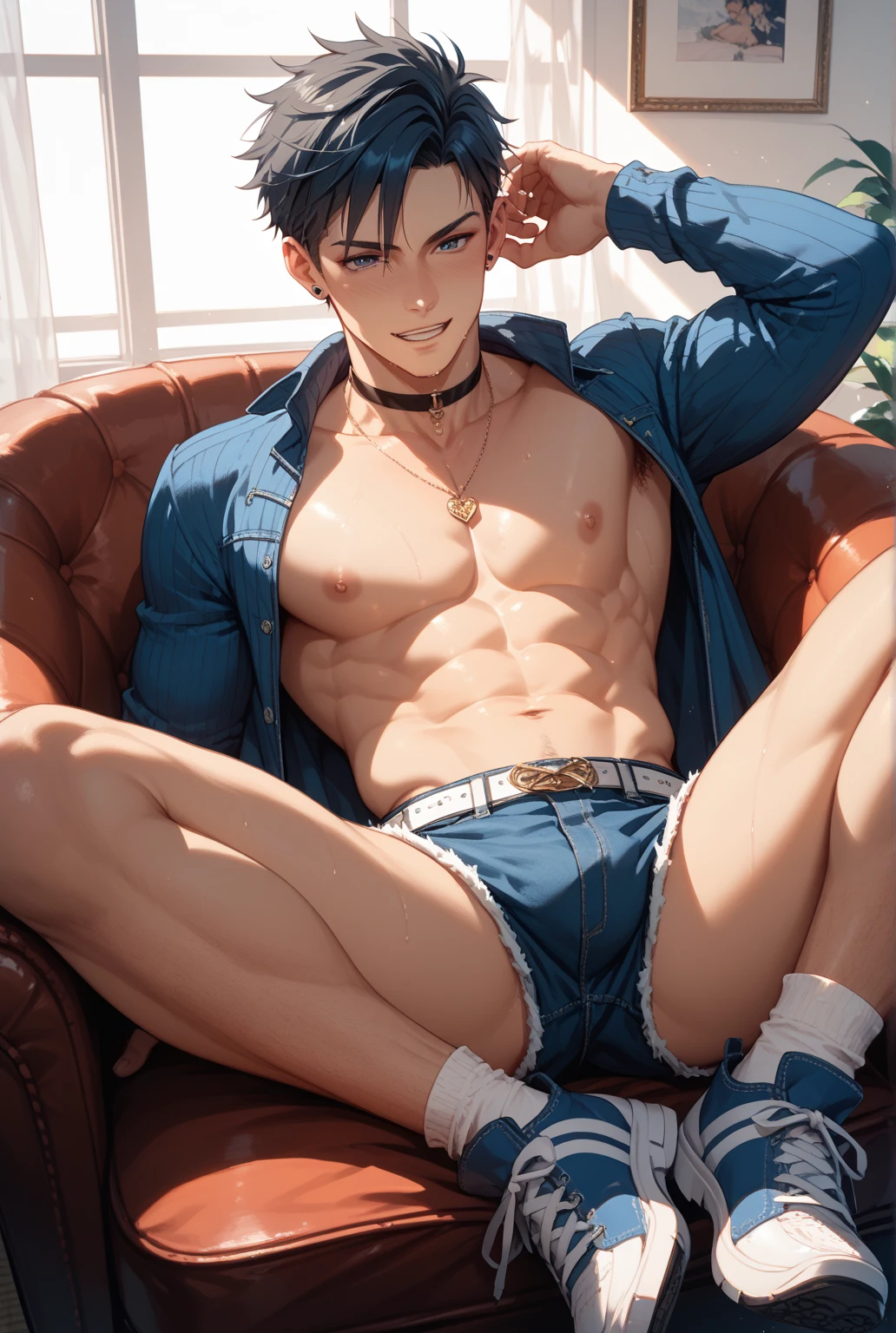 　male　20-year-old　short hair　Dark blue hair　Blue Eyes　Front view　smile