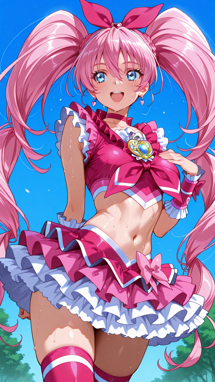  Tt_flat, Steven Universe, whitepink hair:1.5, bigsize long ponytail, low length, low length, low length, , , , 小柄な liTtle small junior body, CureLovely, vest, pink bow, heart brooch, wrist cuffs, pink skirt, heart hair ornament, puffy sleeves, thigh boots, Highest quality, masterpiece, Ultra-high resolution, One girl, In the Dark, Deep Shadow, Modest, Cold Light,  Looks, Open Mouth Smile,, low length, low length, low length, , , ,  are visible through the bra,  are visible through the bra,  are visible through the bra, Large , whitepink hair:1.5, Pink Hair, Pink Hair, Pink Hair, bigsize long ponytail, Extra long twin tails, Extra long twin tails, Extra long twin tails, high quality, high detail, beautiful, high resolution, 8K, Super detailed,