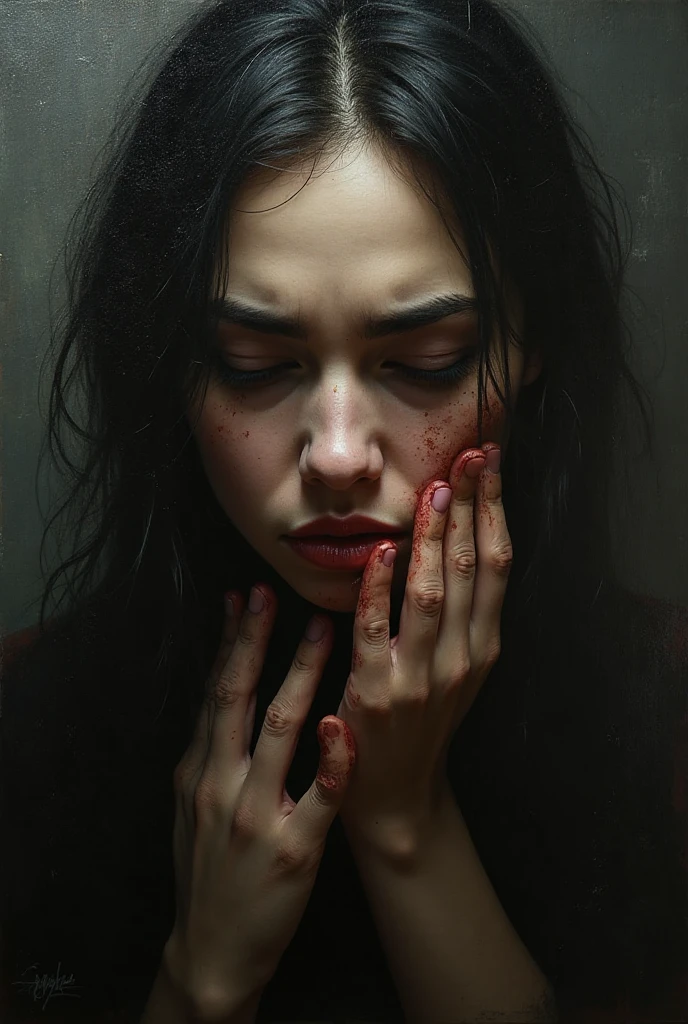 Undead sinner on her knees, forced , (oral :1.3),  , hand on her head, holds her by the hair, (traces of beatings on her body:1.2), torn clothes,  slavery, hellish torment