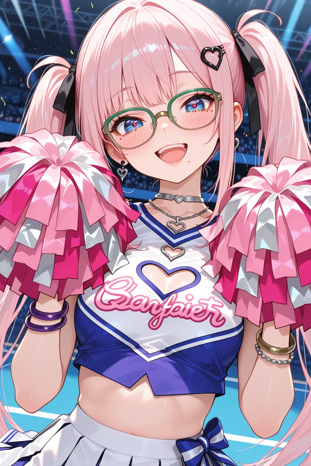 (8K, Best Quality, Ultra Detailliert, Highres, Absurdres, Perfect :1.5, Masterpiece:1.5), (Strong Outline), (((1 Cute Girl))), (((perrine h. clostermann))), (((Yellow Eyes))), (((Black Glasses:1.5))), (((Long Long Hair:1.5, Bangs, Blust Bangs, Blonde Hair))), (((Black Cat Ears))), Black Cat Tail, (Slender Body, Dwarf:0.7), (((Small ))), ((Big :1.1)), (Smile:0.9), ((Blush:0.9)), (Grin:0.9), (Heart), ((Pink CheerLeader:1.3)), (, ), (Show , ), ((Pom Poms:1.3)), (WristBand), (Sports Socks, Sneaker), Choker, (Dancing Pose), Jamping, Jamping Pose, Arm Up:1.1, Leg Up:1.3, (((Posed Photo:1.2))), (((Wide-Angle Photo:1.2))), from Below:0.4, Dutch Angle, (Simple BackGround, Simple Colour BackGround, Warm Colour BackGround), best hands, good hands