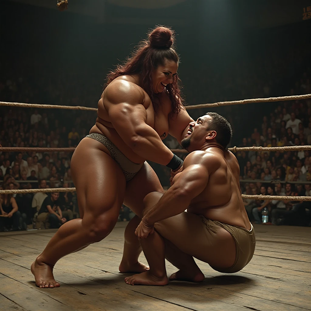 Two women are in a stylized wrestling ring surrounded by a cheering crowd. One is notably larger in stature, wearing a tight blue outfit and high-heeled shoes, standing confidently with hands relaxed at her sides. Her hair is pinned up. The other woman, much smaller, is wearing a gold  and has long dark hair; she's in a crouched pose as if attempting to engage with the larger opponent. The atmosphere is dynamic and intense, capturing the drama of the fight and the enthusiastic crowd. Bright lights illuminate the scene from above, casting defined shadows from the participants. The environment suggests an entertaining and dramatic sports event.