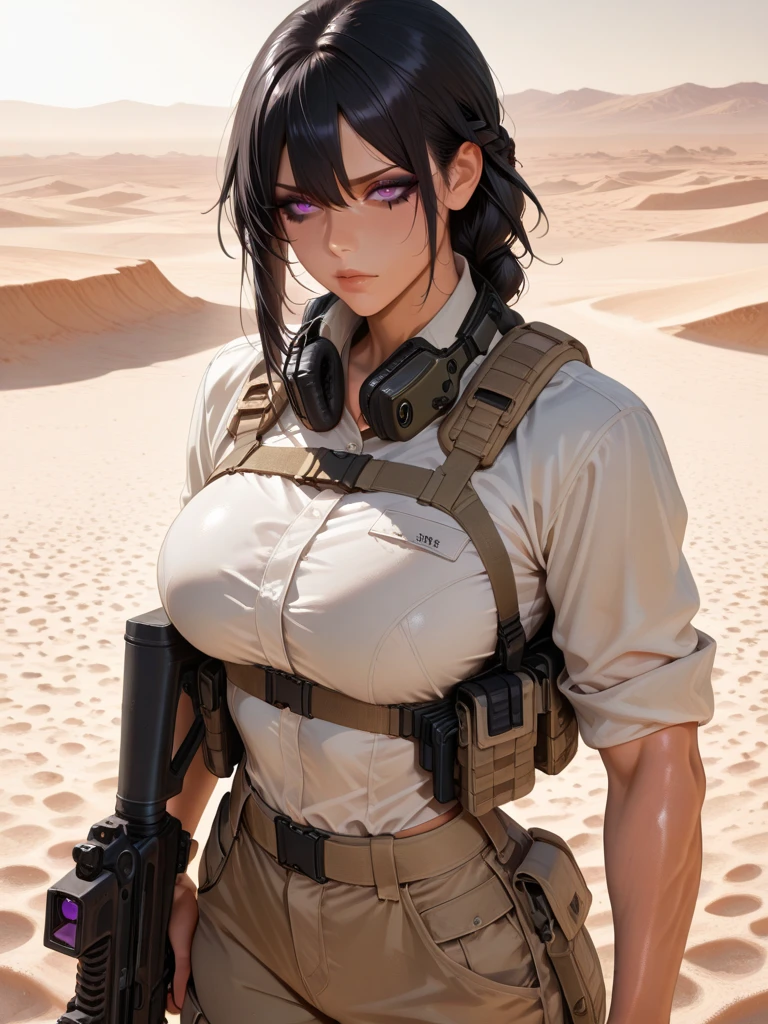 super fine illustration, ultra high resolution, masterpiece, highest quality, perfect shiny shinny skin, perfect lighting, detailed lighting, dramatic shadow, ray tracing, 1 beautiful milf, looking at the viewer, , exposed cleavage, beautiful detailed blue eyes, sharp face, clear eyes, long bangs, short cut hair, ((desert:1.2)), ((battle of desert:1.35)), ((tanks:1.6)), upper body, battle suit, military harness, ammunition belt, necklace, Jill Valentine - Resident Evil Series, ((tattoo)), ((holding Assault Rifle:1.5)),