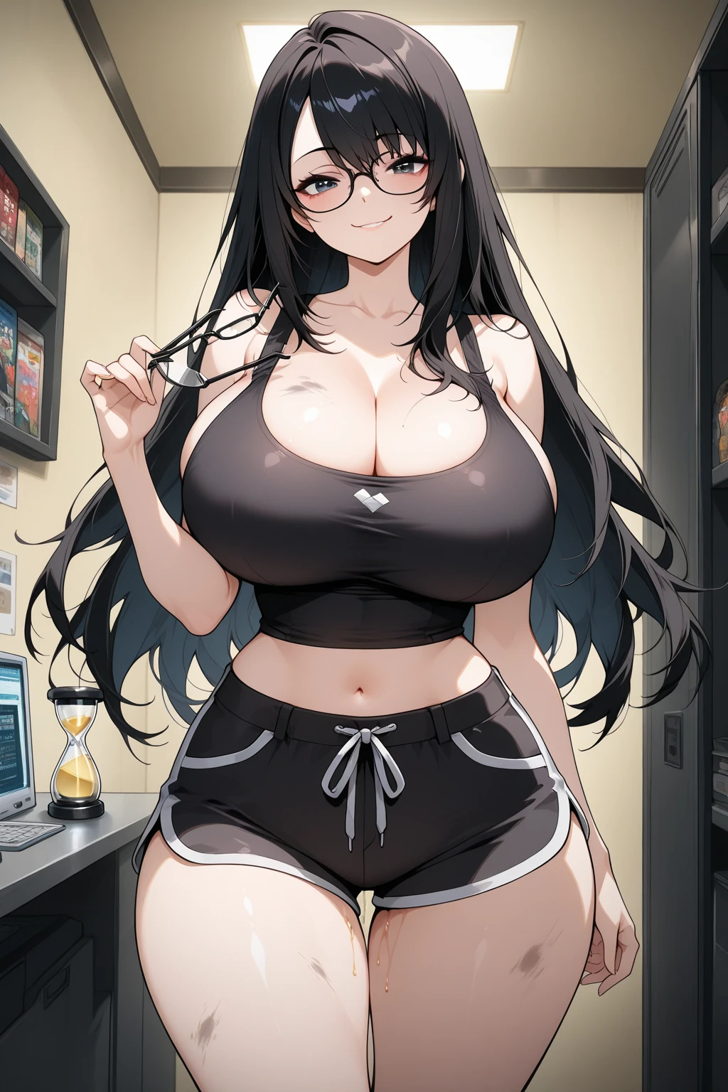 high quality, no errors, anime style, perfect hands, perfect body, 1 girl, gamer, lying on the bed, long hair, messy hair, black hair, green eyes, serious eyes, wears grainy glasses, ????????????, big fat ???, thick thighs, casual clothes, wearing ??????????? shirt, wearing black panties