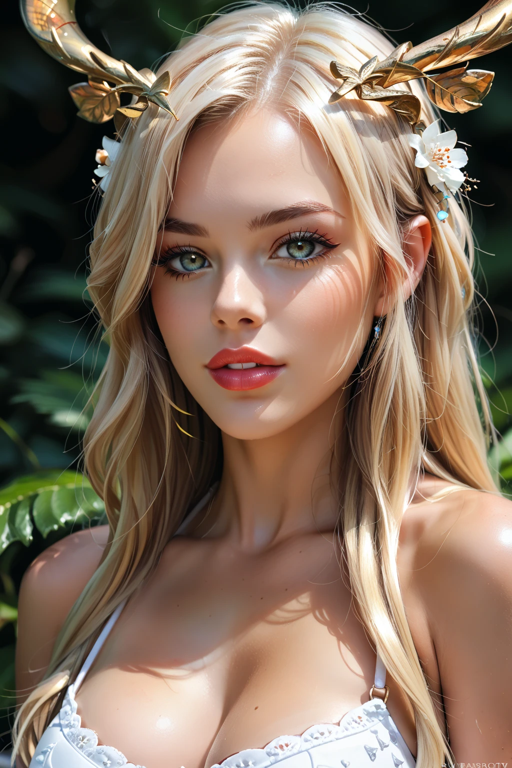 Quality (photo realistic style, UHD, 16k, Textured skin, superdetail,hight resolution), effects (Fujicolor), a portrait of a beautiful woman, whitedress, The perfect female face, summer garden in the background, Sunny day