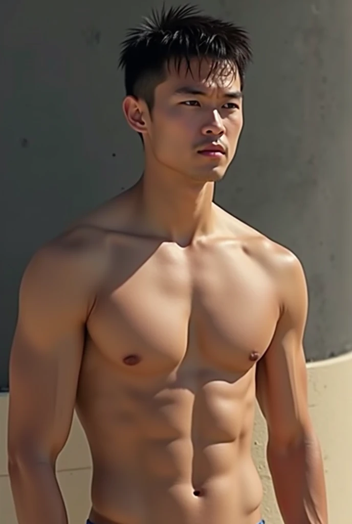 1 Chinese young man, cute, smiling slightly, good figure, beautiful muscles, wearing , very bulging target, background, swimming pool