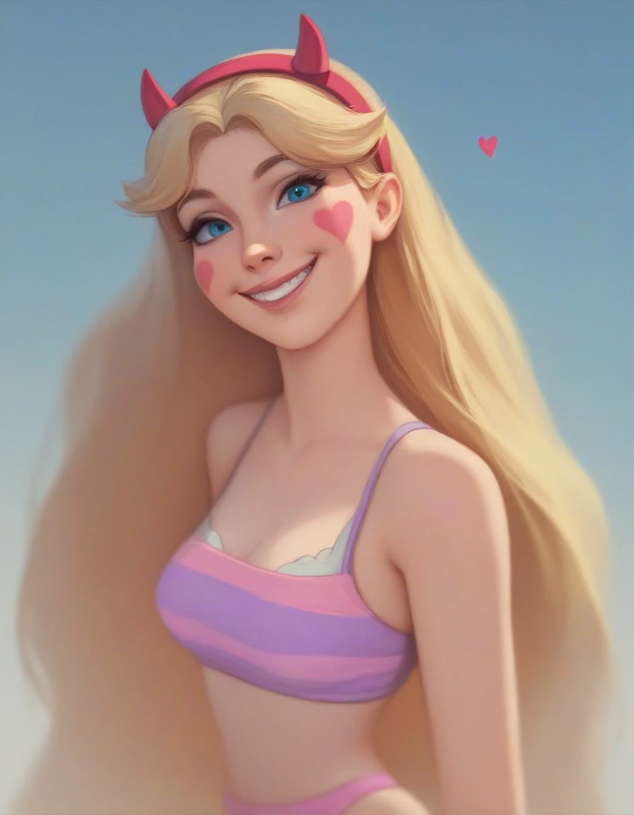 1girl,  looking at scenes, Solo,in the bed,
star butterfly, blonde hair, blue eyes,  , mark, fake horns, hairband, heart cheeks, horned headwear, hair long,