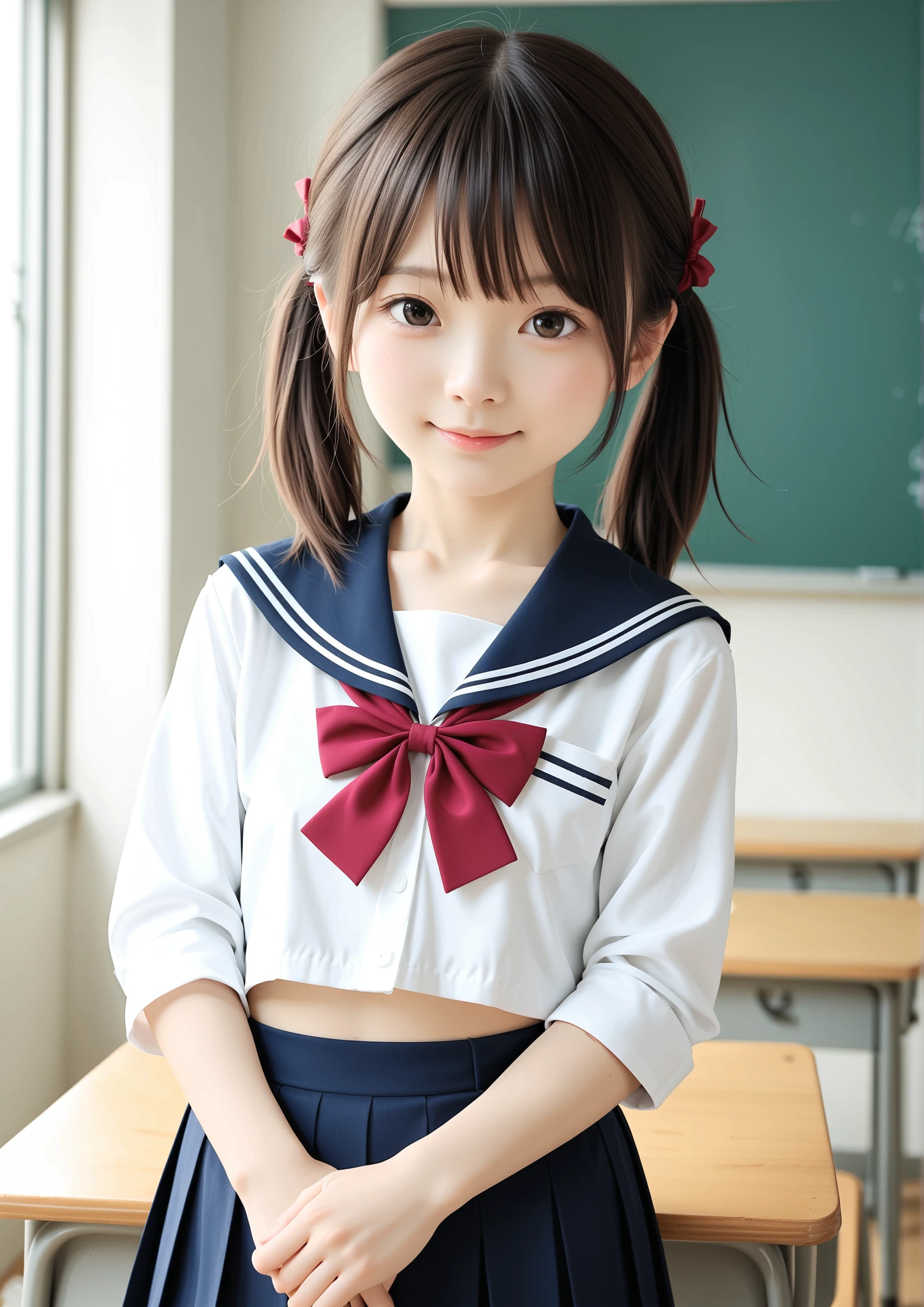 (masterpiece, highest quality:1.2), 8k, official art, RAW photo, incredibly absurd, ( sailor suit, serafuku:1.4), amazing beautiful girl, amazingly cute face, (navy pleated skirt:1.1), close, school uniform, short sleeve, gardenia, violaces, teen, street, looking at the viewer with a smile, no makeup, film grain, chromatic aberration, sharp focus, face light, dynamic lighting, cinematic lighting, detailed eyes and face,short hair、 background bokeh、super slim thighs、((?????? Panties are showing through、beautiful ????? line:1.1))、(High twin tails with ribbons:1.4),,(((A child with an extremely cute young face:1.35))), 、(very young  with ???????????:1.2)