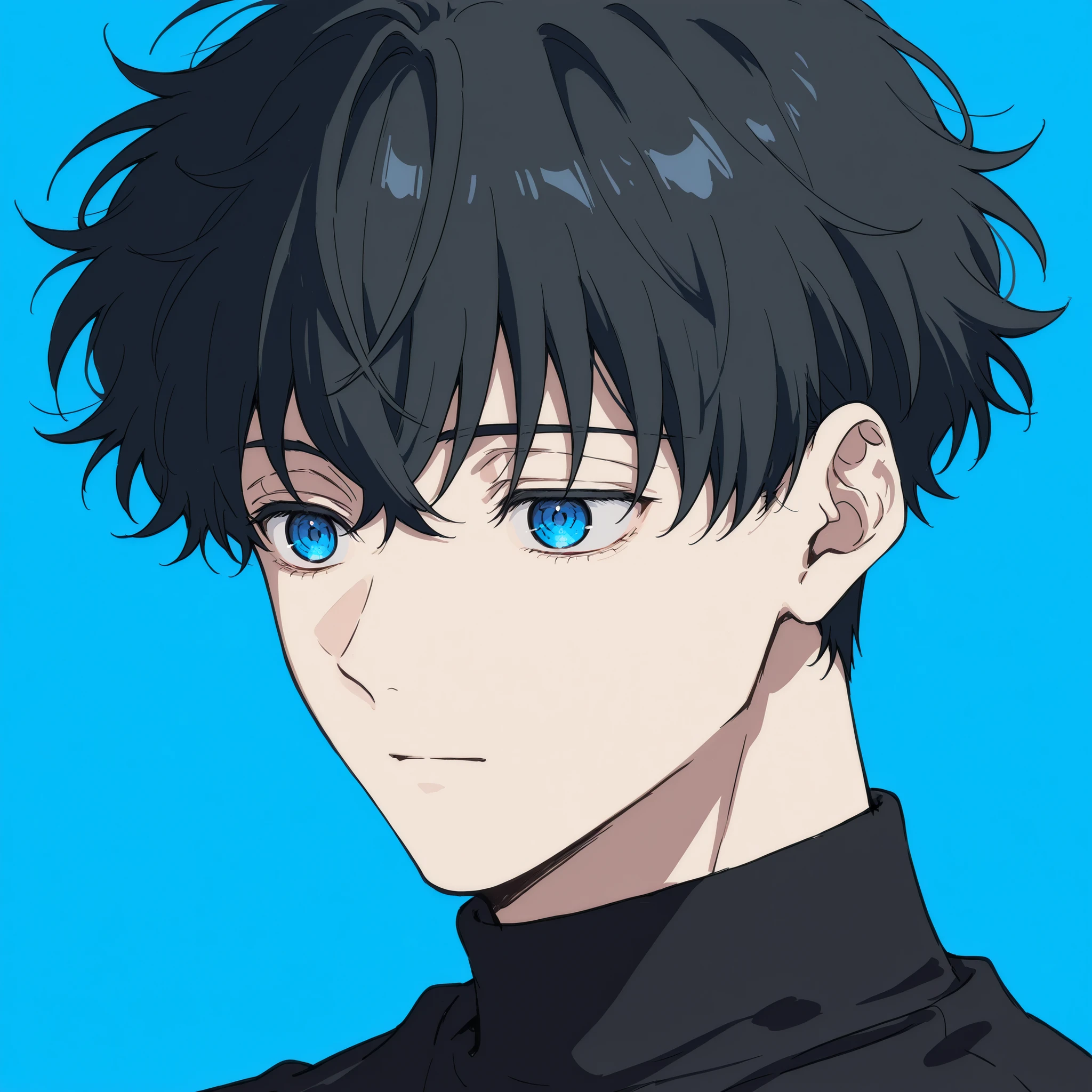 1male, blue eyes, black hair, fluffy hair, short hair, blue background, black tshirt turtleneck, simple background
