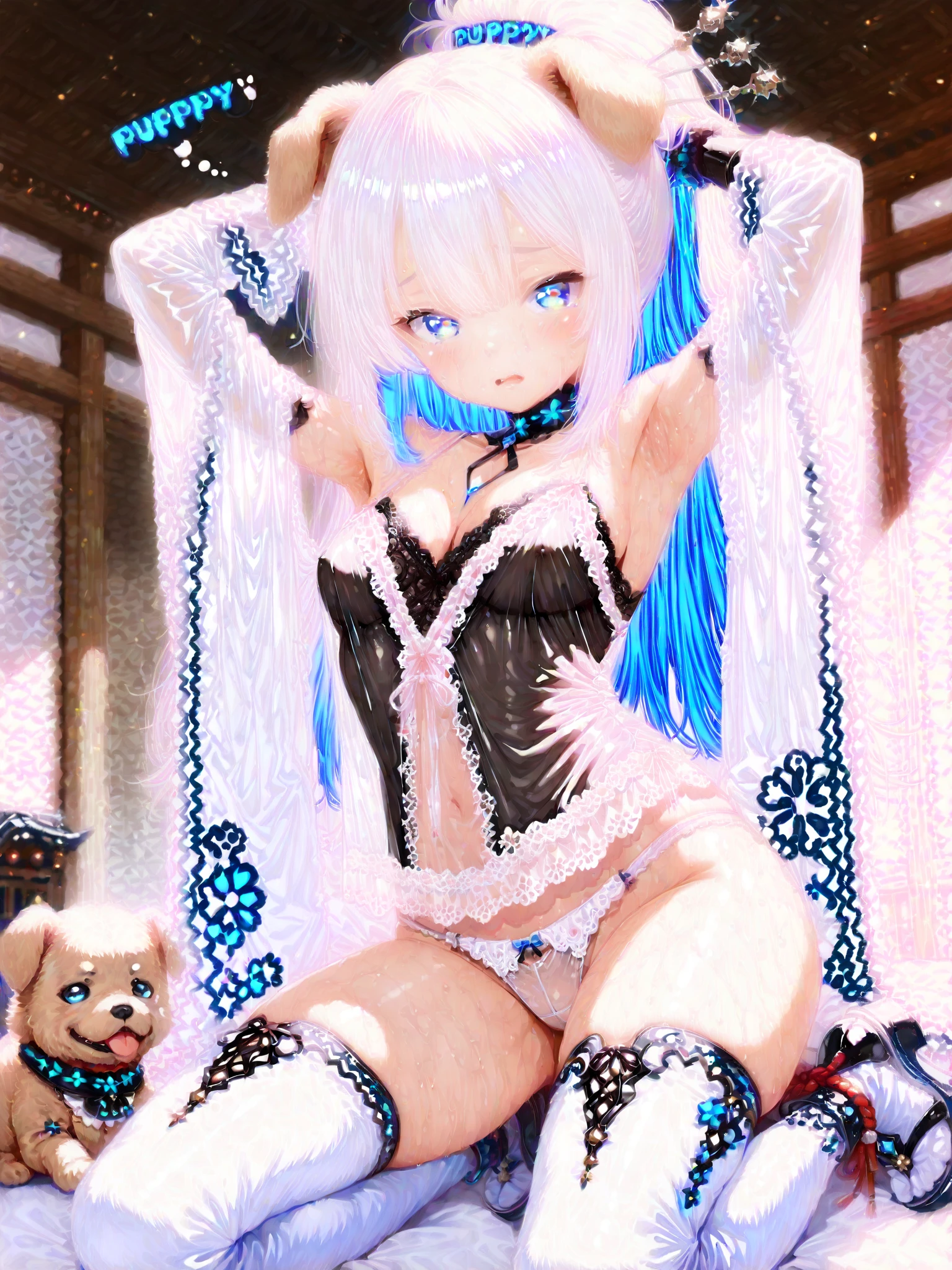 barbara_genshin, A young girl in (fishnet stockings) and bunny ears, bunny girl, ((small lively ???????, feminine, small heads)), ???? out, long hair fluttering, antique beauty, ((petite slender body:1.8)), detailed eyes, masterpiece, beautiful light up, perfect lighting, ultra-detailliert, ultra quality, HD, Nikon, realism, naughty pose, perfecteyes eyes, glamour shot, model, facial recognition, (????:0.8), see-through, real skin texture, dynamic_facial_expression