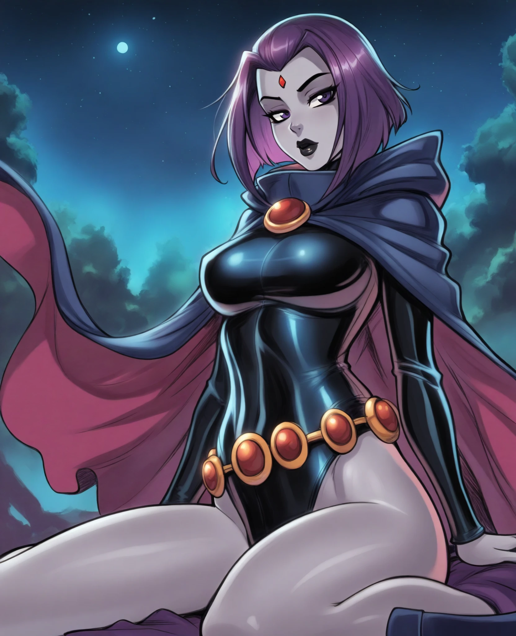 (solo:1.1),(masterpiece), (best quality:1.3), ultra detailed, intricate, (nice hands:1.4), professional art, digital art, absurdres, shadraven, (Full body view:1.1), 1girl, solo, (grey skin:1.4), dark purple hair, bob hair, purple eyes, ???? wider than shoulders, pear shaped body, jewellery, detailed thighs, thick thighs, red jewel in forehead, jewels, (long sleeved turtleneck leotard:1.3), cuffs, small ???????, (shadraven cloak), (Shadraven broach:1.2), Shadraven jewel belt, Shadraven wearing a long sleeved leotard outside at night, long legs, ( long ?????? bulge:1.4), large ?????, large ?????????, side view, looking at viewer, bubble ???? , gluteal crease, universal lighting,,
