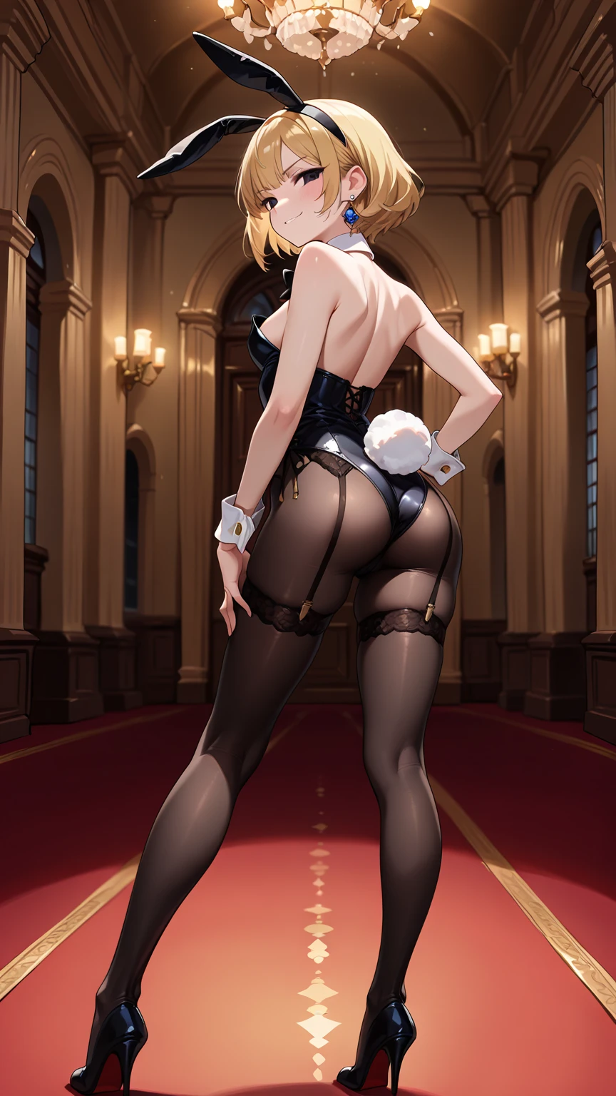 ((Biologically correct limb count))、(( From head to toe、Full-body photo including face))、4K、((Standing position))、masterpiece、((Focus on the face))、((Symmetrical  features))、Eyes with detailed description、Beautiful woman、Great style、Beautiful arms、Beautiful legs、Beautiful Hands、(Small Ass、Thin thighs）、 detailing、Small earrings、necklace、(In boulangerie、 skirt、High heels、Black garter stockings）、Face close-up、smile、stage.、beret、Silver Hair、(( shot、Alluring))、(((Back view、Looking back))）