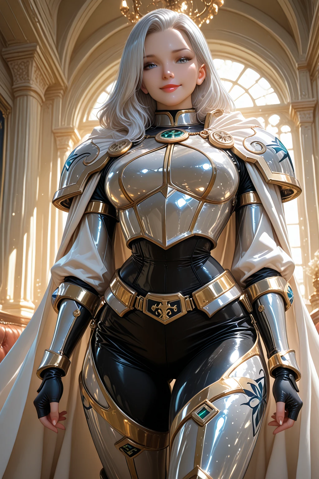 fantasy stargirl night、whole body、good style、、、、、、galaxy gold armor （Chest armor）、idol face、、fantastic star belt、galaxy cloak、silver hair