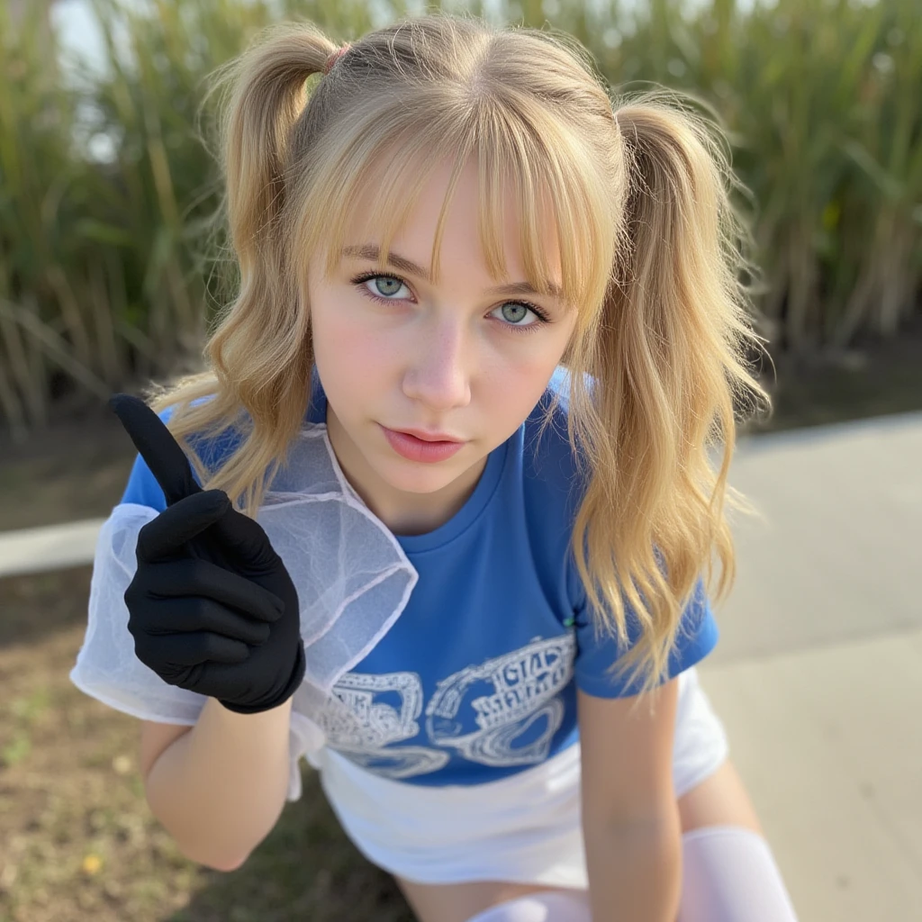 Masterpiece, high quality, 8k, ultra detailed, sharp focus, (Cute innocent white 12 year old), long messy blonde hair, blue eyes, (cycling), cycling helmet, (huge round ), (pink ), squatting, outdoors, on a forest trail, meadow, shadows, smiling, happy, sunny day, sweating, hot day, close up, view from above,