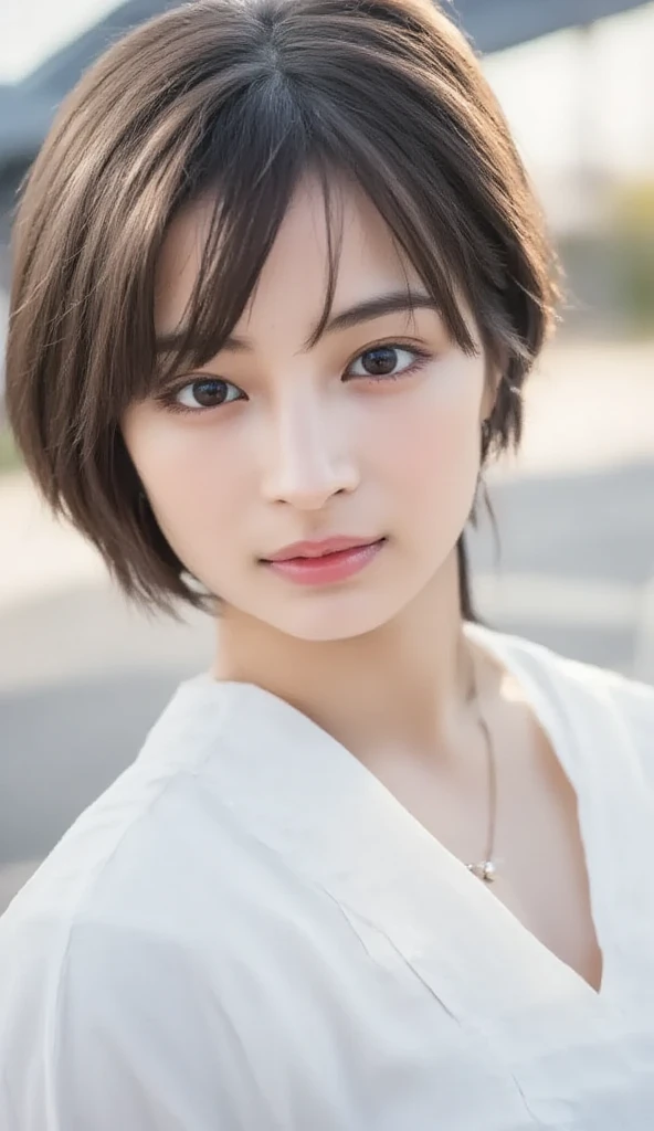 masterpiece, Highest quality, 8K, Absurd, (Upper Body:1.4), White tank top, Beautiful girls, Beautiful Face, Looking at the audience, Laughter, Surreal, High resolution, photograph, Film Grain, chromatic aberration, Sharp focus, High resolution, Face Light, Dynamic Lighting, Cinema Lighting, Professional Shadow, Simple Background, (White Background:1.4), The finest details, Very detailed, Super detailed, In detail, Real Skin, Delicate  features, Detailed face and eyes, Sharp pupils、Realistic student、bob cut