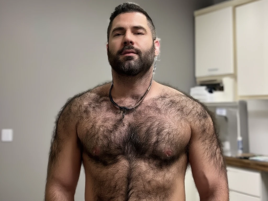 Shaved man with a beard and ???????? standing in front of a door, hairy ?????, ???? hairy ?????, hairy ????? and hairy body, masculine and rugged, hairy ?????, hairy body, hairy torso, thick, hairy neck and ????? fuzz, hairy bodies, brawny, mid shot of a handsome guy, partially male hairy torso, very hairy bodies