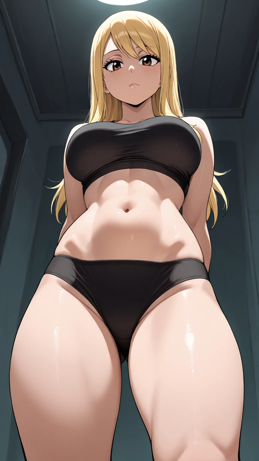 (((Spread your legs、Big Breasts、Exposing the breasts)))、((Shiny underwear)))、Micro Bikini、Beautiful beauty、Long golden hair、((whole body))、(((Photo taken from below)))、School、classroom、Large Breasts、Big Breasts、Panties are black、Japanese、tall、Long limbs、18-year-old、Matsumoto Rangiku、A beautiful nose like a model、Put your hands on your hips、Natural smile