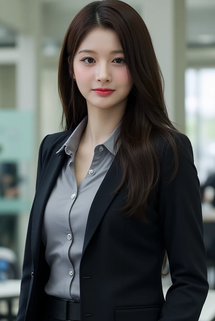 best quality, masterpiece, 1girl, Beautiful face, (photo realistic:1.3), rim lighting, (high detailed skin:1.2), 8k uhd, dslr, high quality, high resolution, 4k, 8k, Bokeh, absurdres, best ratio four finger and one thumb, (realistic:1.3), cute 1girl, wearing black formal blazer, medium breasts, short skirt,