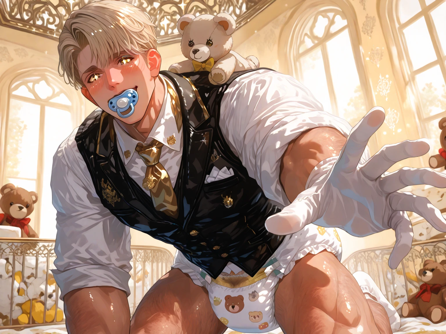 yohack, solo, canid, mammal, ((chubby)), white body, white fur, (blue eyes:1.2), band-aid, jumpsuit, superhero, handwear, scouter, smile, blush, , one eye closed, stocky, ((overweight)), (on back, lying on bed, on bed:1.2), inside, headphones, high-angle view, by milkytiger1145, by 96panda ,High Detail, high quality,high resolution,hot body hot belly. Show bear your huge . I wanna cook you . I sucked you big . I want to hug your big belly. Show you . Please show me your huge  🍆