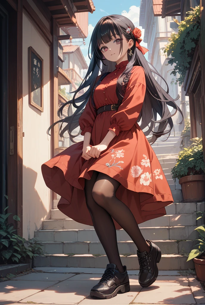 In a medieval village, a in a flowing red gown strides through the streets. Her every step sends villagers fleeing in terror. She bends down, picking up a tiny human and examining them with a mix of curiosity and disdain before setting them back down and moving on.