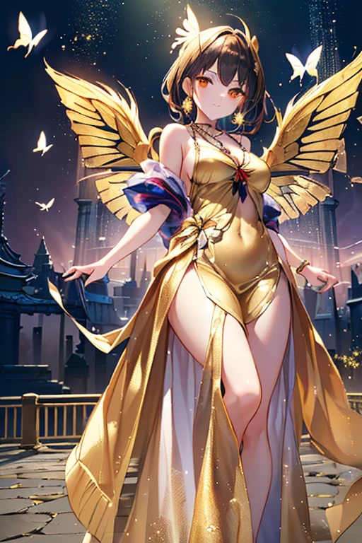 generates 1 perfect full-length image of a beautiful queen, fairy with a beautiful face, golden eyes, long black hair, medium breasts, thick thighs, fairy wings, elegant golden shoes, wide yellow dress, elegant pose, standing in the throne room, mischievous look, mischievous smile, inviting the viewer,