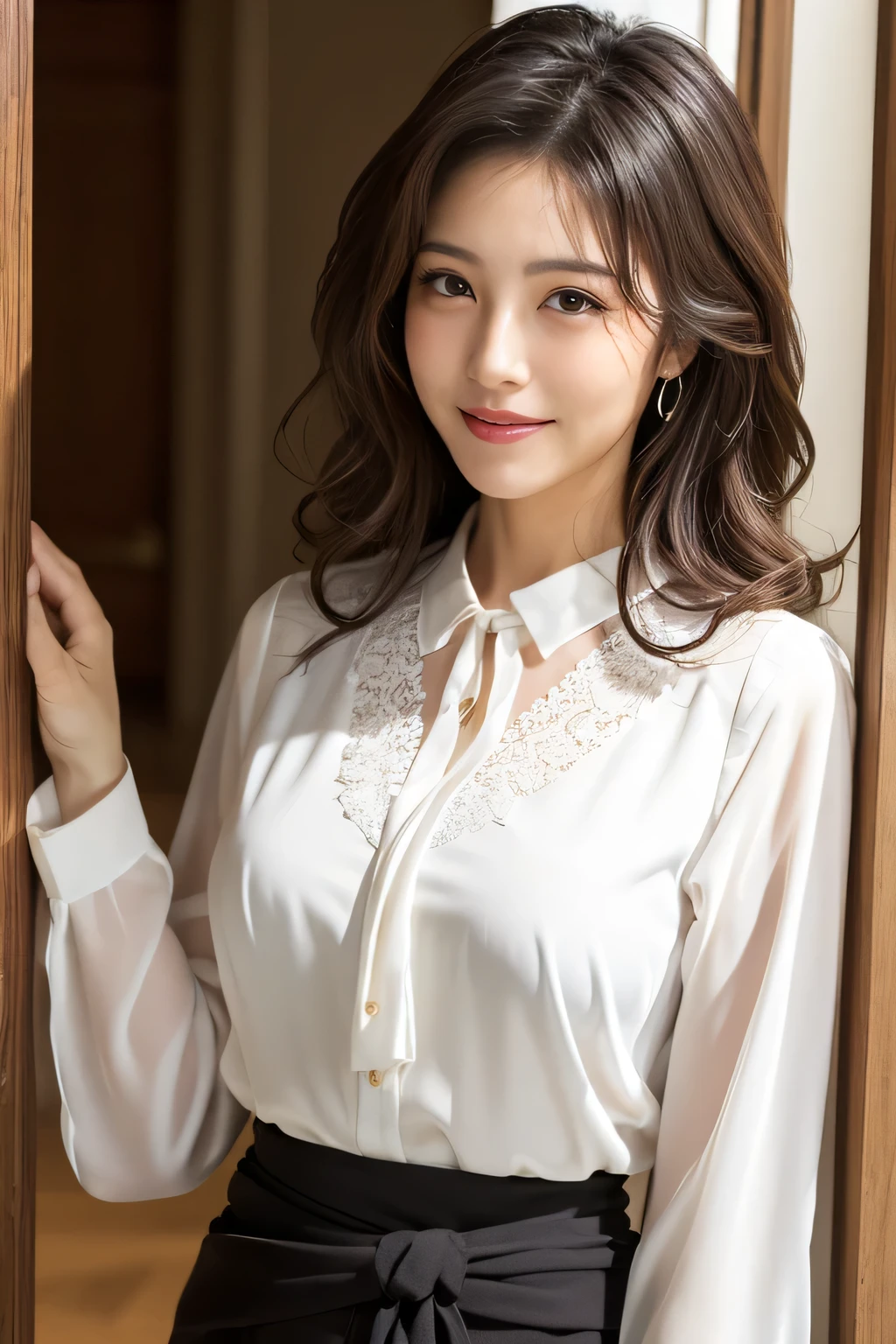 Beautiful detailed face、Pale skin、Realistic glowing skin、Detailed cloth texture、Detailed hair texture、Perfect body、Beautiful Face、correct、Anatomically correct、 Highly detailed face and skin texture、Natural neck length、(Beautiful Hands)、(Fair skin:1.2)、Thin legs、Thin legs、 Break Fine Eyes、Symmetrical eyes、Light brown eyes、double eyelid、Thin eyebrows、(Glossy Lips:1.4)、((Gentle smile:1.2))、(blush:1.1)、 BREAK (Elegant and cute girl:1.3)、Medium-sized large breasts、(Slim body type:1.1)、Toned Abs、Beautiful clavicle、 (dark blonde、Wavy Hair、Long Hair:1.2)、 ((Asymmetrical bangs:1.2))、(Cowboy Shot:1.2)、Side view:0.65、((Bewitching beautiful mature elite secretary in luxurious silk blouse:1.3)、full figure supermodel standing, entire body in frame、