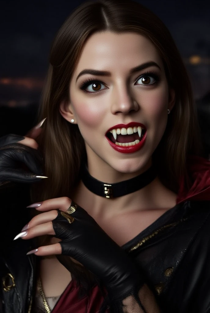 a gentle kiss, (A witch's smile that lifts the corners of her mouth), (evil smile:1.3),(Dark red lips, glossy lips), Fangs, tongue, saliva, Focus only on the mouth, Woman mouth close up, from front
