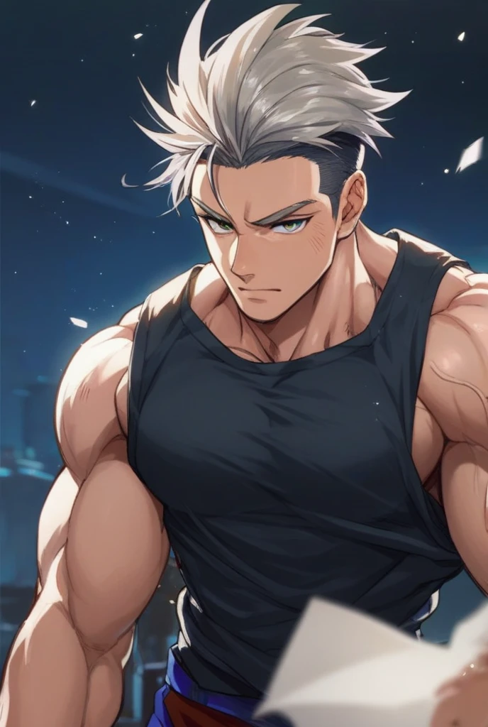 A muscular man wearing purple and white fitness clothing，Cool hairstyle