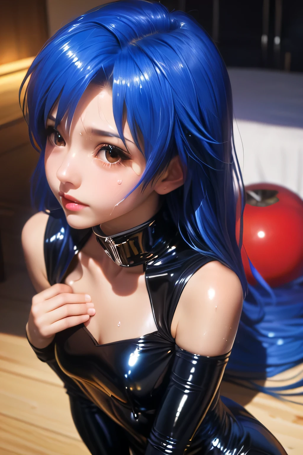  (masterpiece:1.3), (Best Quality:1.3), (Ultra-detailed:1.2), ((kawaii)), Cute, (lovely), ((sexy)), ((Extremely detailed)), 4K, (8K), Best Quality, (Beautiful), Illustration, anime style, (bold line:1.2), Gradation, looking at viewer, //, (bent down:1.1), (arms behind back), //, a cute girl, 1girl, (solo:1.2), gleaming skin, //, (flat chested), (Perfect eyes:1.2), (Perfect iris:1.2), //, darkblue hair color, (beautiful eyes) //, (half closed eyes:1.3), ( expression:1.2), Fascinated expression, smile, (blush:1.2), //, modern city background, on rock, twin tails, straight bangs, muscle girl, hard abs,  abs, NECKLACE, skirt, heavy armor suit, mecha musume, underboobs