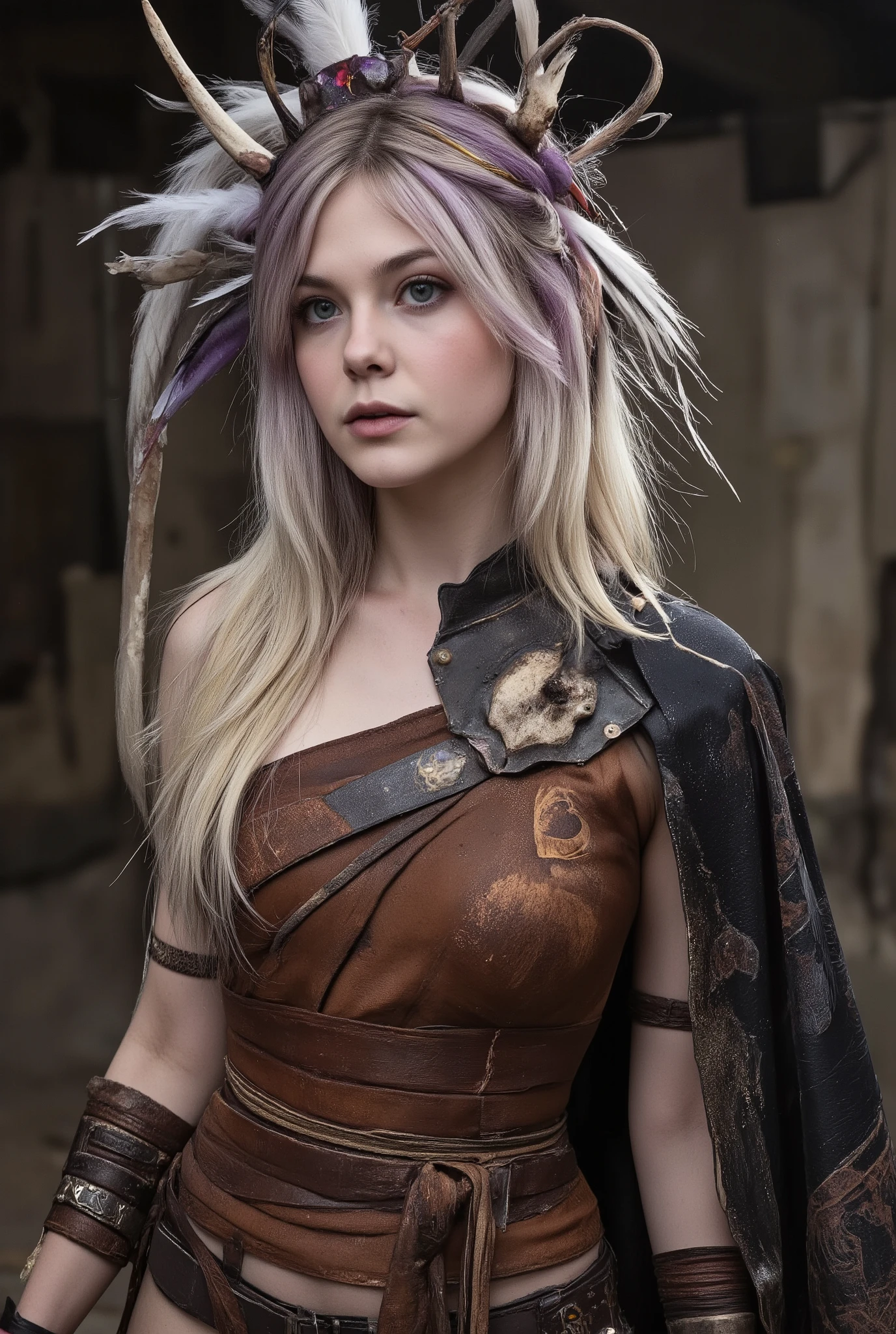 photography,((ELLE FANNING features: 1.7)),photo, (((Epic realism: 1.8))), (((Ángulo de disparo desde abajo de full body: 1.8))) , photo ultra realista de una chica cosplayer impresionante (   22-25 years   ), (((Adult content: 1.8))). ((( : 1.9))) (((: 1.8))  ((( exposed  : 1.8))  (((exposed : 1.8))  (((exposed : 1.8)) ((full body : 1.9)) ----masterpiece, 8K, Highest Quality, detail, high resolution, digital painting, ultra detailed, (detailed eyes:1.2), (sharp eyes:1.1), (smooth skin:1.1), (shiny skin:1.2), anime tribal spirit medium with mystical hairstyle featuring white hair with subtle lavender undertones styled in complex arrangement with sides shaved in spiral patterns while remaining hair flows freely with special sections bound with ritual cords containing protective charms, ceremonial headdress featuring animal skull with crystal embedded between eye sockets believed to enhance spiritual vision, otherworldly pale eyes with pupils resembling crescent moons giving eerie appearance enhanced by ritual trance state, wearing elaborate spirit caller outfit combining traditional elements with otherworldly design features including asymmetrical top with one shoulder covered by special feathered pauldron believed to help spirits recognize her as bridge between worlds,  piece made from specially treated leather with spirit symbols burned into surface using sacred fire and ritually applied pigments that glow subtly in firelight, wrapped lower garment with multiple layers featuring hand-painted spirit symbols showing different types of entities she can communicate with, special spirit caller cape attached at shoulders that remains unnaturally still even in wind believed to exist partially in spirit realm, multiple ritual scarification patterns visible across exposed shoulder and upper arm showing dedication to spirit calling path