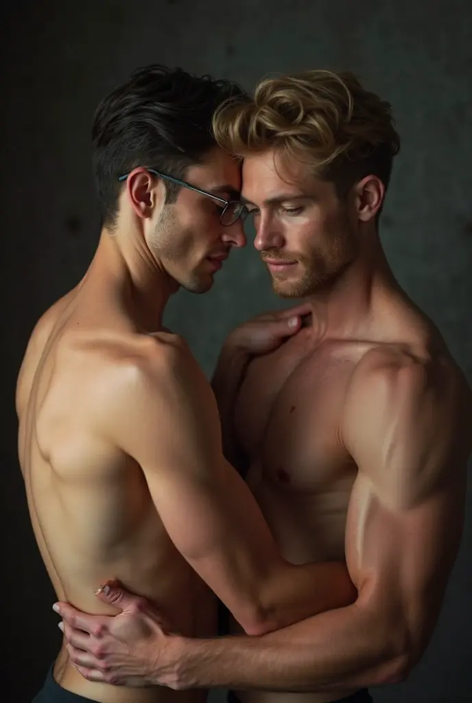 25-year-old young man ,Two shirtless, muscular guys , ????, Has white hair and blue eyes. , ????กาย องคชาตใหญ่, hug and kiss, Wet