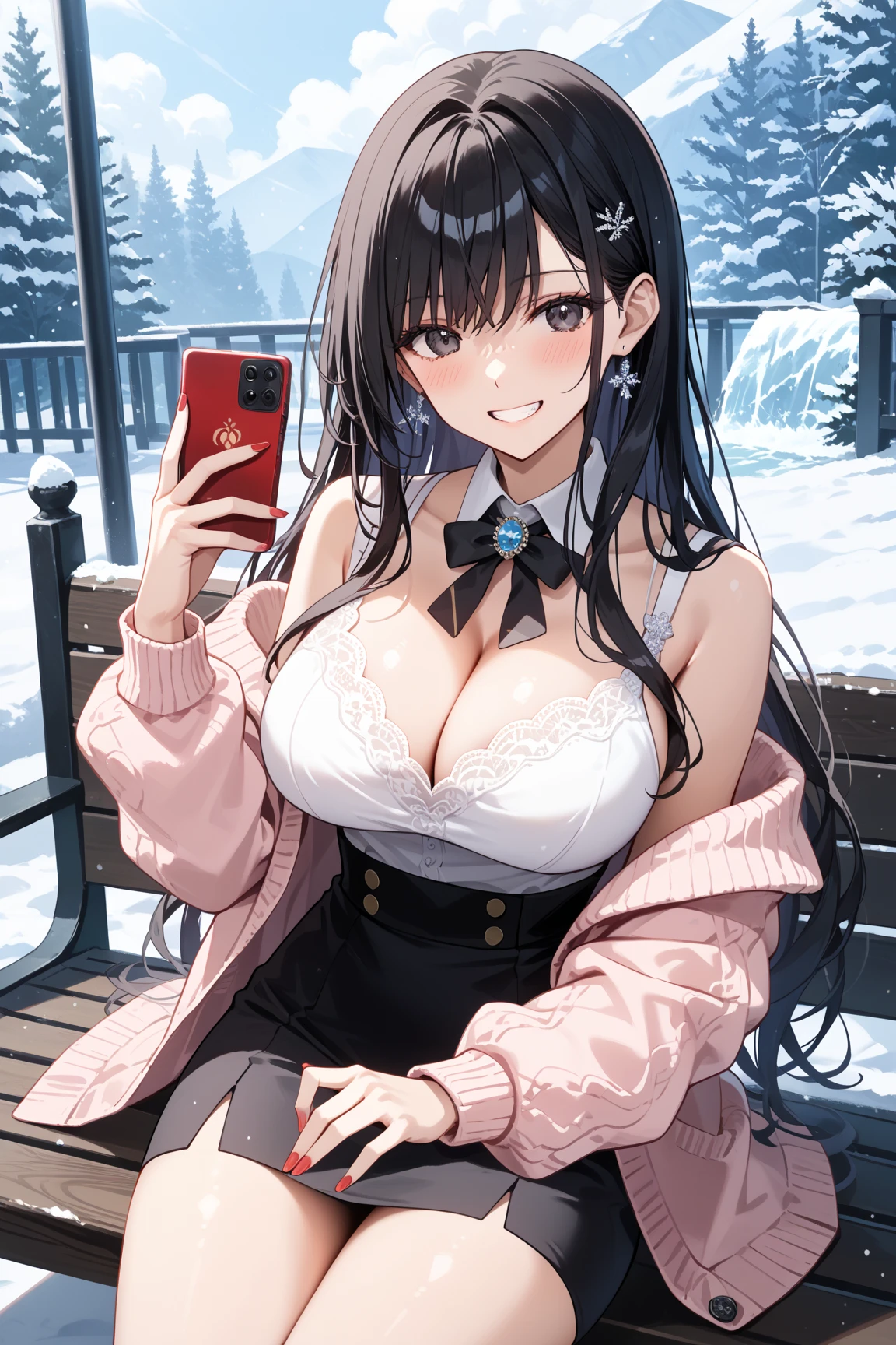 ((((, , perfect ???????, super detailed skin)))), 1 girl, japanese, 14 years old, shiny skin, ?????????????:0.5, watching the view, (smile:1.5), 
beautiful hair, beautiful face, beautiful detailed eyes, (middle hair:1.5, twintails:1.7), 
beautiful clavicle, beautiful body, beautiful ?????, beautiful thigh, beautiful legs, babyface, , , mole under eye, 
((winter clothes, navy school uniform, long sleeves, navy pleated skirt, sailor collar, light brown cardigan, black thigh-highs, 
((brown medium coat, muffler, knitted gloves)), extremely ????, seductive thighs)), white panties, 
(beautiful scenery), winter, evening, hokkaido, sapporo, outdoors, snow, snowfall:1.5, freezing weather, frost, walking, holding a phone, 
(8k, top-quality, masterpiece​:1.2, extremely detailed, , ), (photorealistic), beautiful illustration, cinematic lighting,