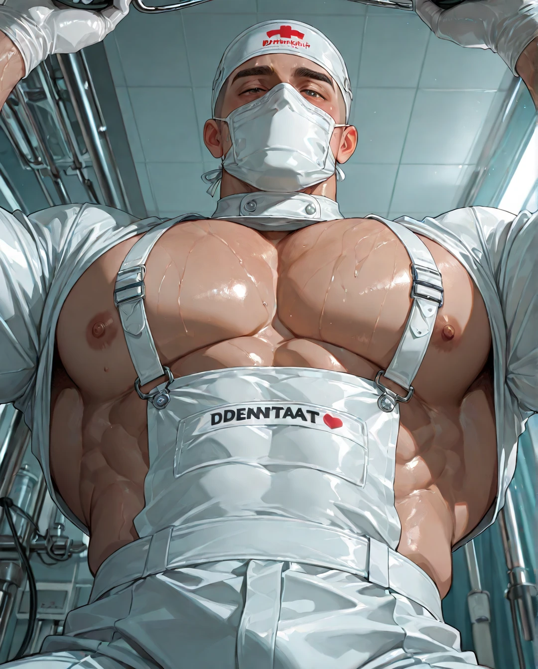 Masterpiece, denoise, void noise, one man, best quality, 8k resolution, male focus, focus only, amazing composition, volumetric lighting, super quality, elegant, Very detailed, front view, facing viewer, -----------, 35 years old, mature face, muscular, Caucasian, (((white skin, pale skin))), handsome, (detailed light-blue eyes), ((light blonde hair, messy medium hairstyle)), big ears, (hairy pectorals, thick plenty chest and body hair), (medium long beard), (((((Jim Sturgess mixed with Russell Tovey))))), (((big , perky ))), ------------, ((((detailed black male nurse scrub trousers)))), (((black male nurse scrub top))), (((stethoscope))), ((sitting on the floor, )), (((face close-up))), (((shy)))