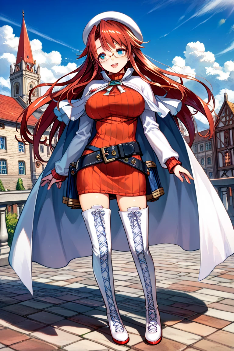summonnightaty, aty, long hair, blue eyes, red hair, beret, hat, glasses,
BREAK long hair, thighhighs, hat, dress, boots, glasses, belt, cape, sweater, zettai ryouiki, beret, thigh boots, white footwear, ribbed sweater, loose belt,solo,
BREAK outdoors, fantasy,on_a_ship,
BREAK (masterpiece:1.2), best quality, high resolution, unity 8k wallpaper, (illustration:0.8), (beautiful detailed eyes:1.6), extremely detailed face, perfect lighting, extremely detailed CG, (perfect hands, perfect ),covered_,covered_navel,light_smile ,(half_eyes:1.4),sword,armpit,sleepy,dynamic_standing,barrel,red_sweater,apart_legs,magical_effect,pulmp,big_tits,