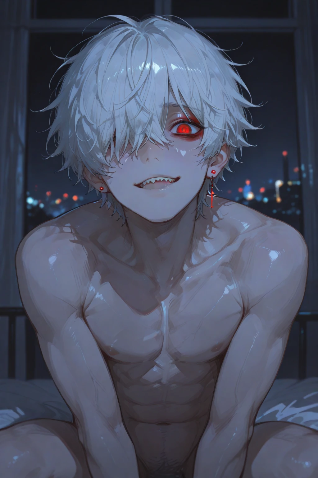 A  muscular man with a glazed face sticking out his tongue due to a malfunction々Teenage male android