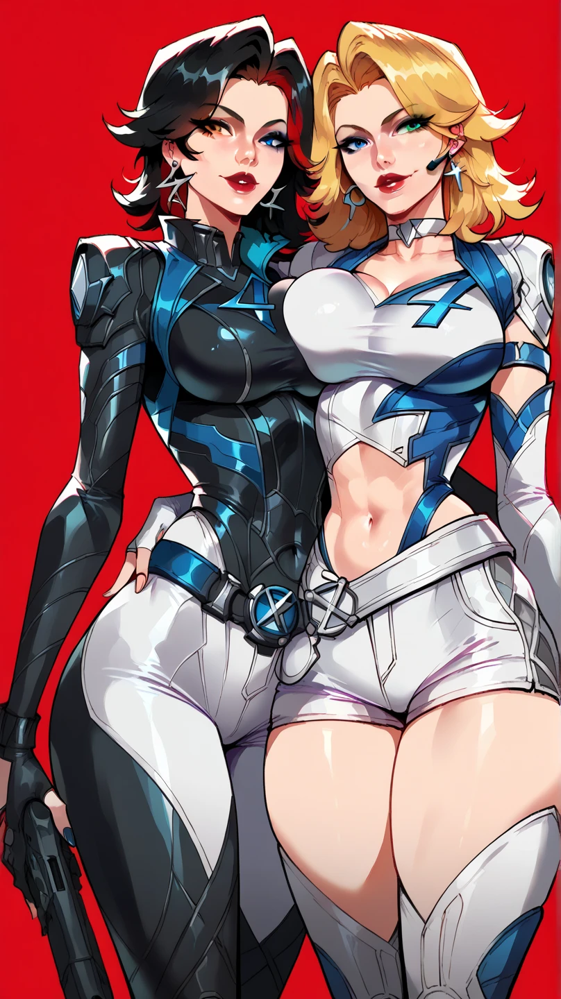 (masterpiece), (best quality), (high res) 2boys, (perfect ) (perfect face) anime boy, (crossdresser), medium dark brown hair, red eyes, brown skin, wide , narrow waist and thick thighs, flustered, brushing, standing in space, flat , (full body suit), (visible bulge), (skin tight space green quantum space suit) man, fair skin, white hair, yellow eyes, in outer space, ()