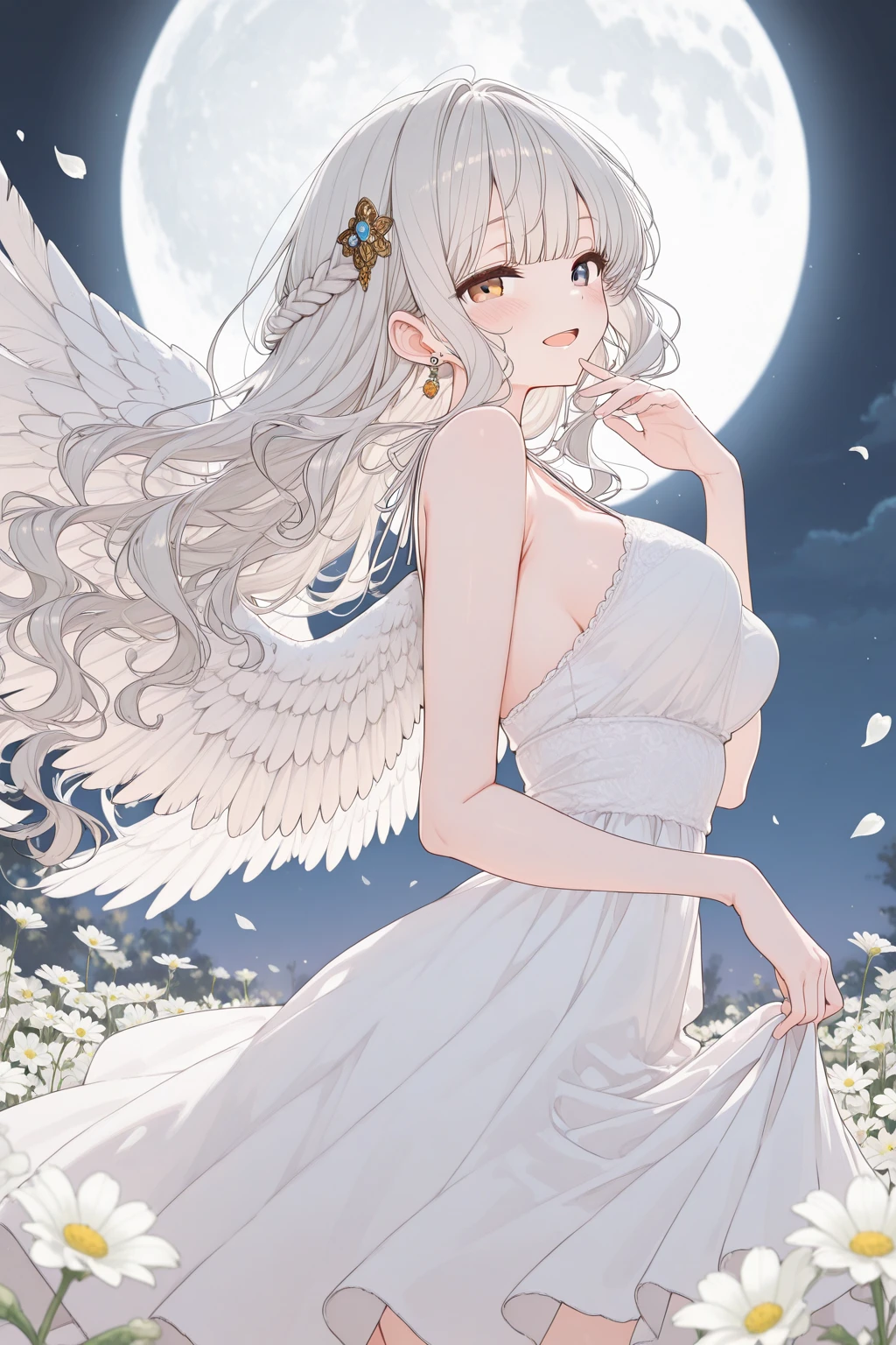 Like watercolor,View from chest up,A delicate and elegant girl, Long wavy hair that reaches the knees,White hair is very attractive, Detailed and precise manual work, Attractive girl, White cat ears, look at me, Purple eyes and white eyelashes,Her cheeks turned red,Big angel wings, A subject that stands out against the dark night sky,Girl surrounded by purple flowers, White Dress, Dramatic moonlight that makes your subject stand out,star,惑star, barefoot,Ankle decoration,floating、Night Sky Girl。