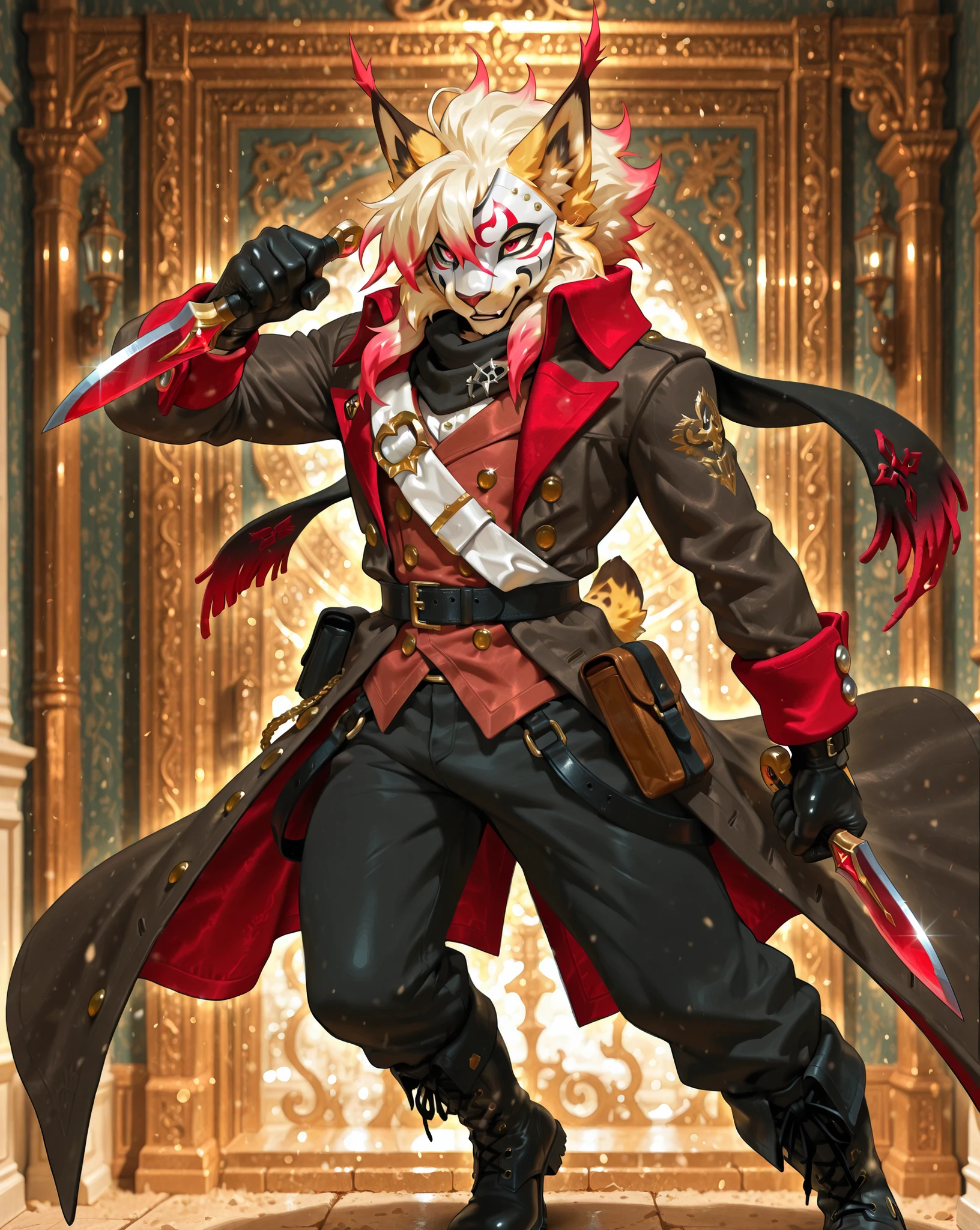 L0LSPL4SH,4g1typ3,,best quality,furry, anthro, 1boy, solo, male focus,lynx, yellow fur, red eyes,Messy blond hair with light red to pinkish-red gradient tips, medium-length layered hair with high volume, fluffy and slightly messy, soft wavy strands, thick and well-defined locks, irregular colored highlights framing the face, long bangs partially covering the forehead and eyes, holding a dagger, voluptuous, white theater mask, aristocratic clothes, black scarf, black hooded trench coat, brown  strap, silver buttons, red collared vest, high collar, light brown vest, layered clothes, white waist sash, black leather gloves, long sleeves, red sleeve cuffes, black pants, utility belt, belt pouch, black boots, dynamic pose
