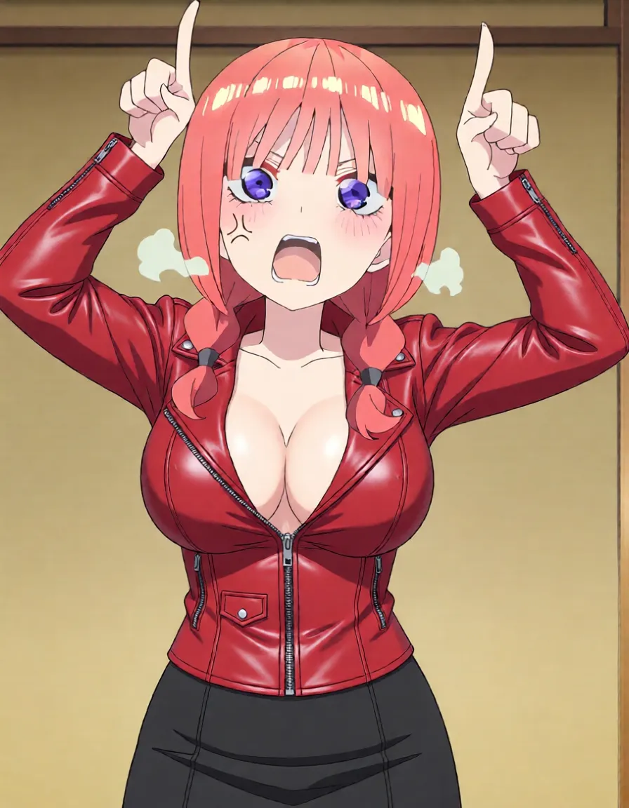 90s style, retro art style, solo, close-up, 1 girl, pretty face, Expressiveh, light purple eyes, detailed pupils, long straight bangs, pink hair, bangs, , elbow-length gloves, gloves, breastless clothing, breastless corset, red , bondage, armpits, arms up, handcuffs, chain, handcuffed girl, bondage, (1 boy, pink eyes, blue hair), rear end , straight, indoor, stage, depth of field, exhibitionism, public, public bondage, masks, latex