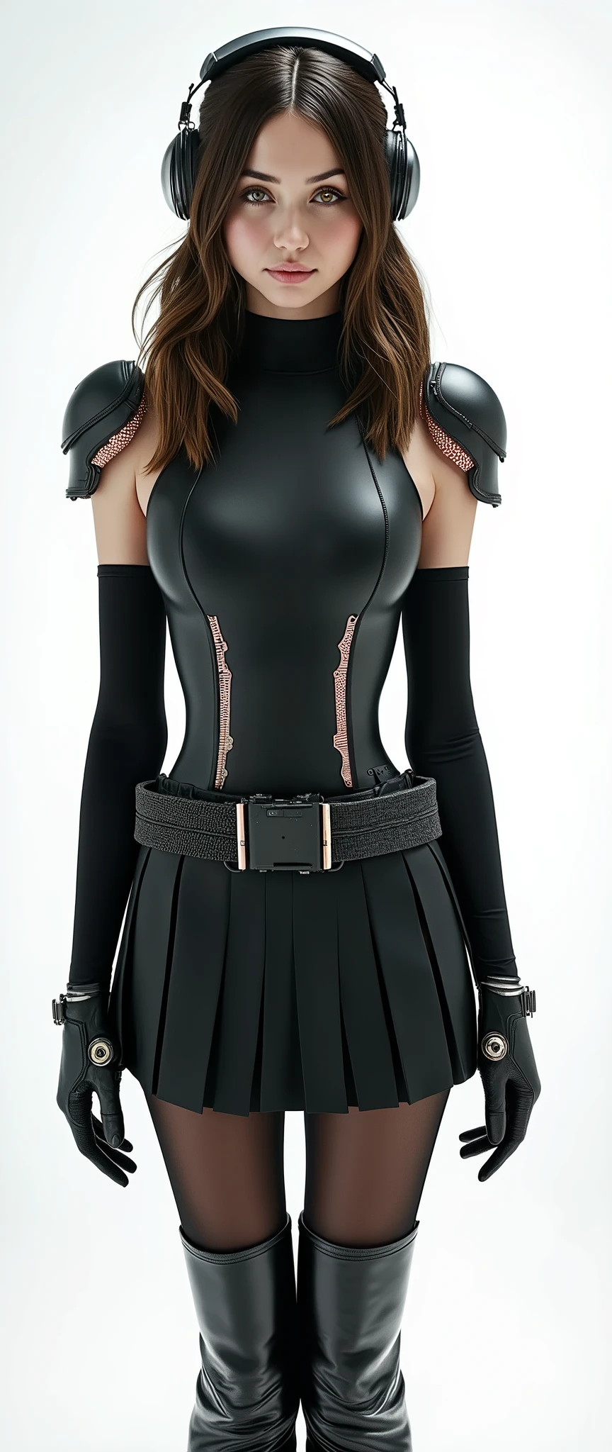 ((:1)),(((hyperrealistic photography:2))),(((The actress bears a striking resemblance to actress ANA DE ARMAS at 18 years old:2))),((realistic face:1.8)),((innocent and tender face:2)),(((beautiful hair in pigtails or bun hairstyle:2))),(((cute and innocent face with a beautiful smile:2))),(((long two ponytails hairstyle or bun hairstyle:2))),(((innocent face with a beautiful smile:2))),((cute and youthful face:2)),((the woman looks flirtatious and daring with a beautiful smile:2)),(The actress bears a striking resemblance to actress),((very pretty and  girl sensual girl with hair up:2)),((eyes are blue-green)),dressed in a futuristic neoprene and carbon fiber suit,((without neckline)),((without showing the skin from the neck down)),white background without shadows,white and blurred background,the clothing has cybernetic elements of carbon fiber shoulder pads with chrome edge and details in copper and black chrome,((girl with a very tender and cute face)),The young woman has a tender and flirtatious look, with dark hair in a bun hairstyle:2,(full neoprene :2),(((The  has large and translucent symmetrical sections at the :2)),(((black leather pleated skirt at the knees:2)),((long black latex and neoprene stockings:2)),(partial black latex gloves with copper details and black chrome plastic),(((big and beautiful smile:2))),(futuristic headphones with lights and cables that connect the headphones to the girl's back:2),((long and athletic legs with black thigh-high boots:2)),((neoprene stockings under the skirt:2)),(without showing the skin from the neck down:1.9),(tender and flirtatious look:2),(the headphones have a partially transparent plastic bezel and digital elements),((stylish costume from the movie "TRON LEGACY":2)), (((beautiful smile with perfect teeth:2))),(((small bust:1.7))),big hips,big ocks,futuristic copper and black elements on the leather boots black,((varied posture but always looking at the camera:2)),((knee-up framing:2)).