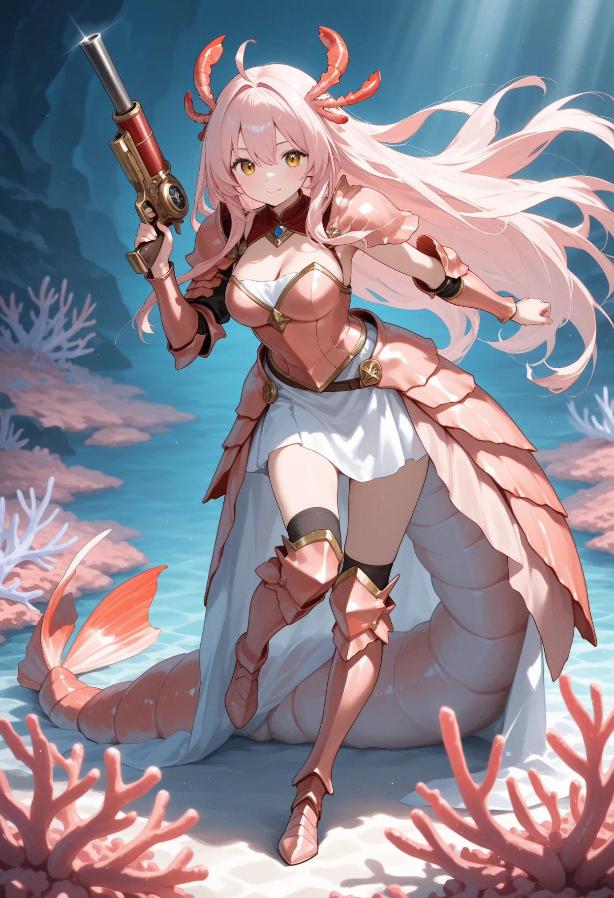 megzeromyth2023, khornebloodletter, khornehellblade, 1boy, pink armor, scifi laser rifle, 8k, uhd, best quality, masterpiece, intricate, overlooking the ocean on the edge of a rock, in the style of avian-themed, realistic yet stylized, villagecore, azure, orange and azure, dragoncore, aerial view, axolotl humanoid, axolotl feelers, pink skin, axolotl mutant, black  glove, black  armor, wh40k Tau, alien humanoid