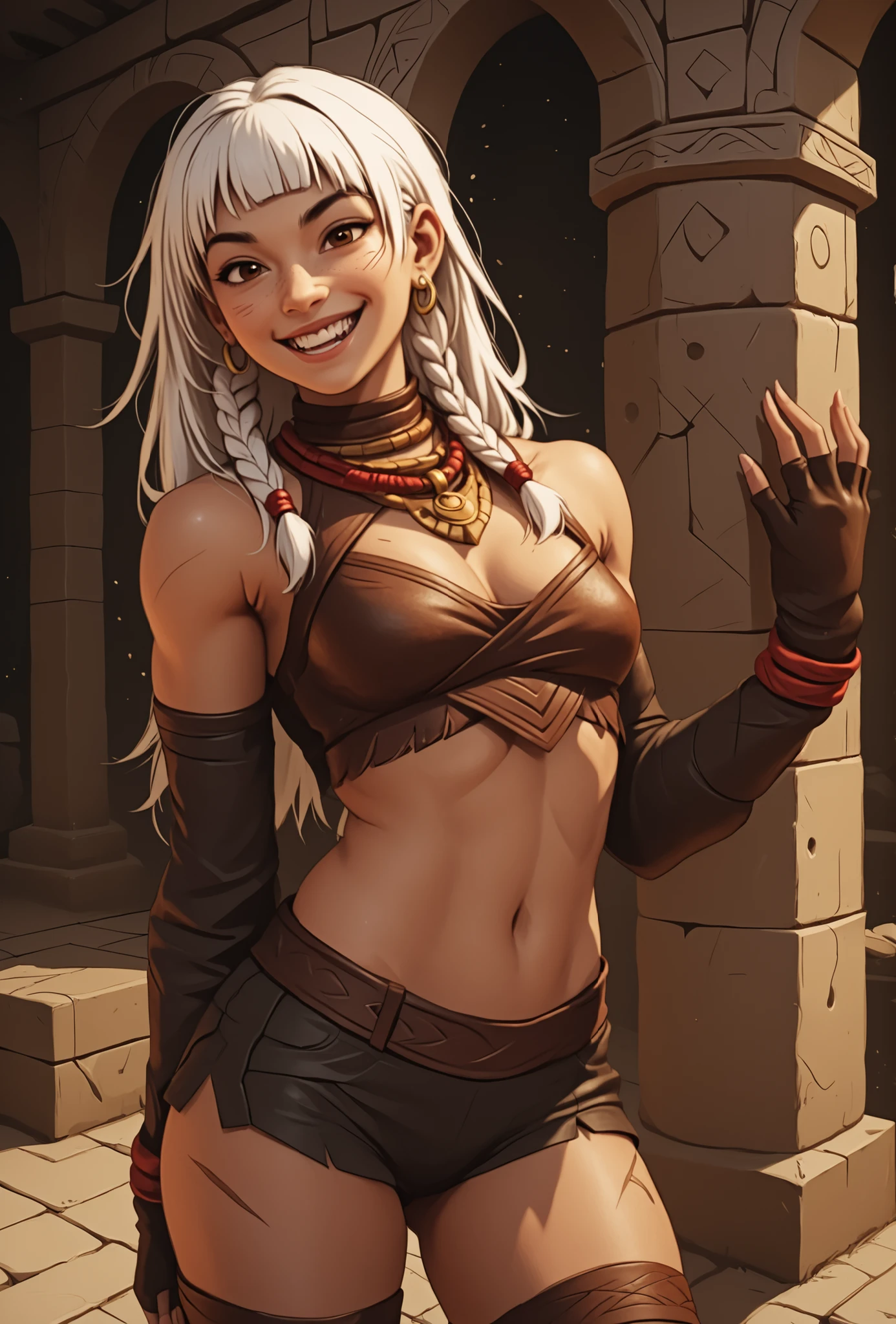 Woman looks like Annette from Castlevania Nocturne. Cute girl. Bronzefarbene Haut. She has a horizontal scar over her nose. She has sharp teeth. pointed fangs in her mouth. your body is athletic, with muscles and abs. B-Cup. Sie hat rote, Asian and narrow eyes, A pretty, And young face and white braids. The Inca clothing made from the finest snakeskin-look leather with corset with leather straps (Schlangenhaut-Optik), and an amber necklace. atmospheric lighting. looks at the viewer. She has an innocent smile with lots of sharp teeth. Keine Tiere im Bild. Hintergrund: aztekischer Tempel, strong lineart, hdr, hdr colours, hdr colours. Sharp. 