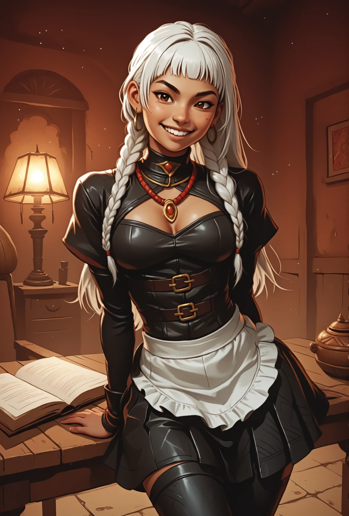 Woman looks like Annette from Castlevania Nocturne. Cute girl. Bronzefarbene Haut. She has a horizontal scar over her nose. She has sharp teeth. pointed fangs in her mouth. your body is athletic, with muscles and abs. B-Cup. Sie hat rote, Asian and narrow eyes, A pretty, And young face and white braids. The Inca clothing made from the finest snakeskin-look leather with corset with leather straps (Schlangenhaut-Optik), and an amber necklace. atmospheric lighting. looks at the viewer. She has an innocent smile with lots of sharp teeth. Keine Tiere im Bild. Hintergrund: aztekischer Tempel, strong lineart, hdr, hdr colours, hdr colours. Sharp. 