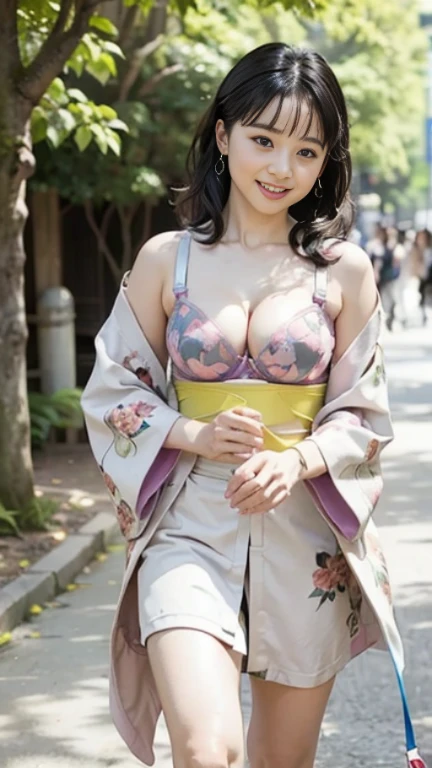 Nothing is worn on the chest、big breasts、High level image quality、high quality、High resolution、be familiar with、masterpiece、mature woman、big smile、light brown hair、random hairstyle、perfect proportions、Kimono style costume、Embellished sheer bra and thong、kimono style garter belt、A revealing kimono、thighs are exposed、The background is a luxury inn、