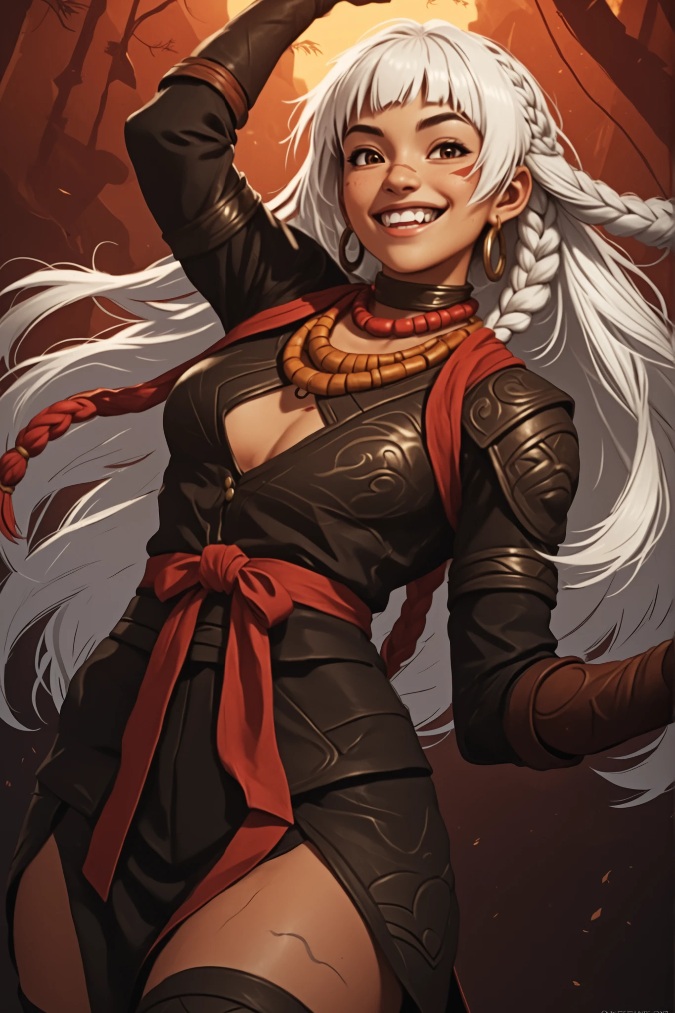 Woman looks like Annette from Castlevania Nocturne. Cute girl. Bronzefarbene Haut. She has a horizontal scar over her nose. She has sharp teeth. pointed fangs in her mouth. your body is athletic, with muscles and abs. B-Cup. Sie hat rote, Asian and narrow eyes, A pretty, And young face and white braids. The Inca clothing made from the finest snakeskin-look leather with corset with leather straps (Schlangenhaut-Optik), and an amber necklace. atmospheric lighting. looks at the viewer. She has an innocent smile with lots of sharp teeth. Keine Tiere im Bild. Hintergrund: aztekischer Tempel, strong lineart, hdr, hdr colours, hdr colours. Sharp.