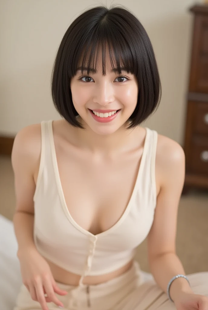 Very cute 20 year old Japanese woman, corners of mouth turned up, gentle smile, muffin top, detailed face, detailed body with nice curves, in the living room. Late night, movie photography, Leica 50 mm prime lens, Cine Steel 800T film, art color photography