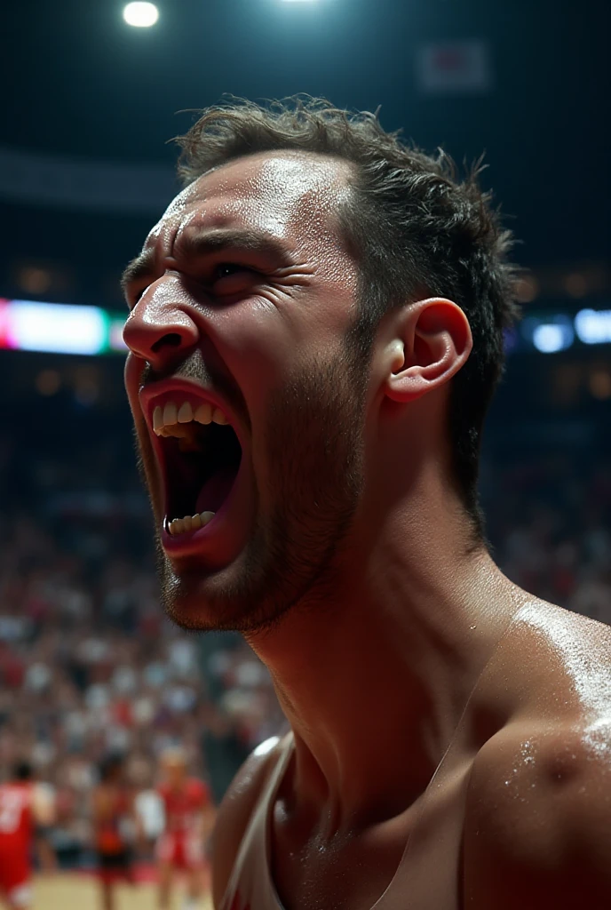 photo of a man, , eyes closed, mouth open, muscular, at a trampoline park