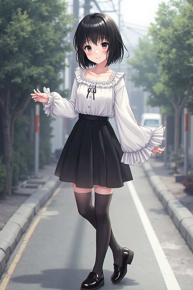 (high quality, High resolution, Very detailed, reality:1.37), Peaceful atmosphere, (Outdoor, garden), Teenage girl standing alone, (my breasts are big.), Beautiful details, Cute Smile, (Black bob hair), White short-sleeved dress, Sandals.