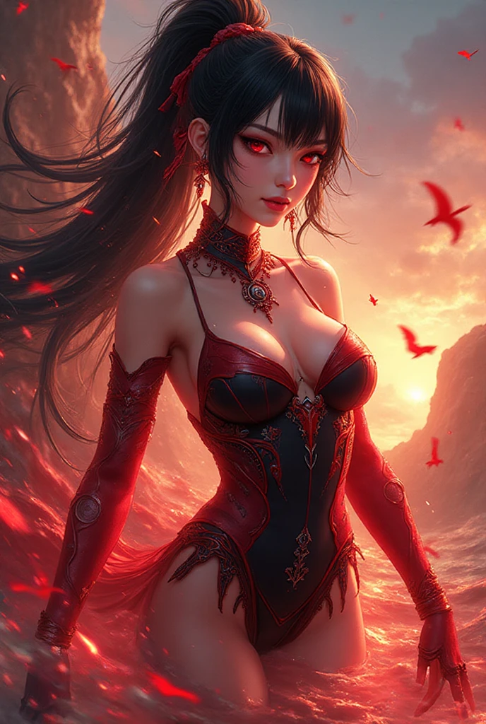 Explore the depths of darkness and passion with this striking digital artwork featuring a seductive woman adorned in a black dress, her ruby red lips a stark contrast against the bold red and black splatters that surround her.